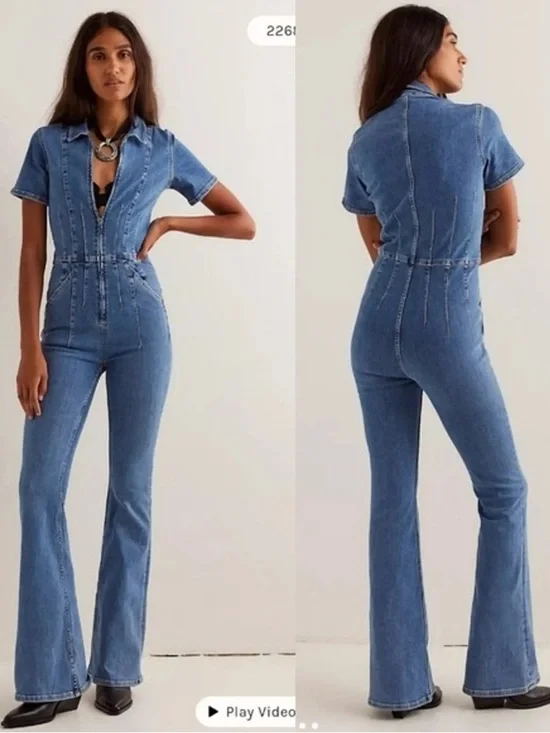 Free People We The Free Jayde Flare Jumpsuit in Sunburst Blue - Picture 1 of 3